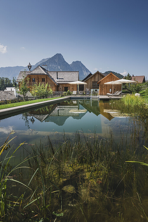 Naturpool und sonnendeck in sommersonne schmiedgut bad aussee – Gartenlandschaft, Schmiedgut Bad Aussee
